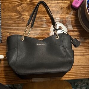 Michael Kors Black Leather Tote with Gold Accents